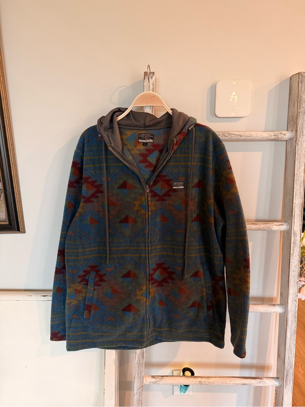 Free Nature Fleece Men's Size L Aztec South Western Print Hooded Pockets EUC